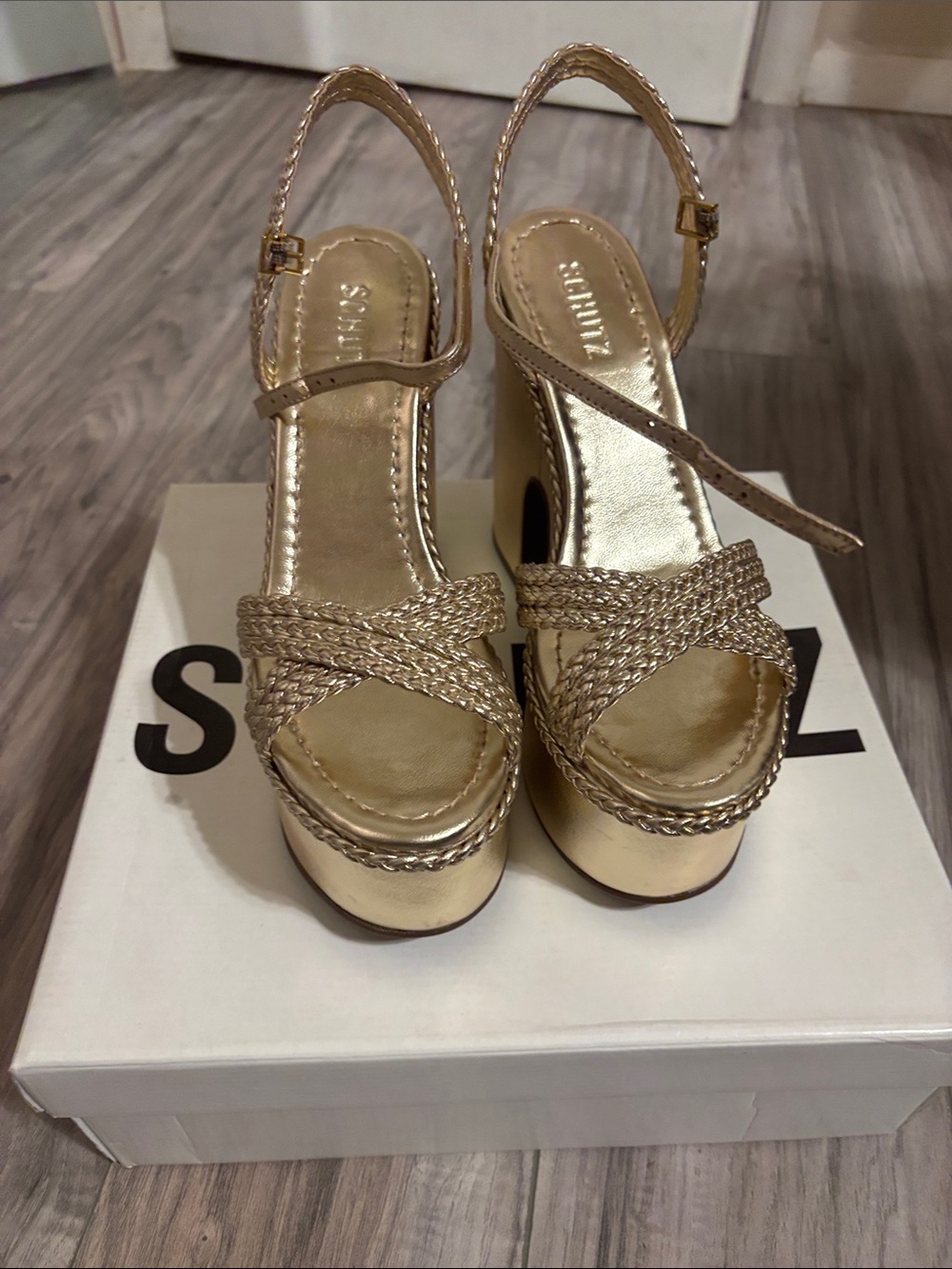 SCHUTZ Metallic Gold Braided Platform Slingback Heels